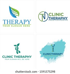 Therapy Clinic design logo with DNA leaf letter TN circle and people tree green blue line art vector suitable for medical pharmaceutical hospital herb nature
