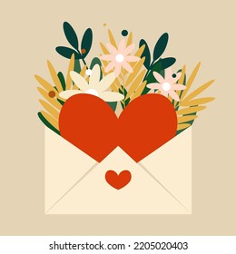 Therapy and the concept of psychology.  A philosophical metaphor with the image of a healthy heart in an envelope and with flowers. Abstract modern illustration about mental health