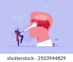 Therapy to cool down burning mind or anger concept, reduce burnout or mental illness, depression, cure anxiety and stress, businessman holding fire extinguisher to extinguish burning fire on head