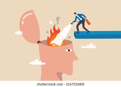 Therapy to cool down burning mind or anger, reduce burnout or mental illness, depression, cure anxiety and stress concept, man with fire extinguisher try to extinguish burning fire on human head.