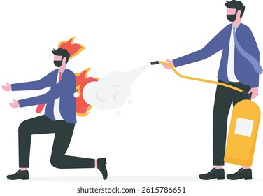 Therapy to cool down burning mind or anger, reduce burnout or mental illness, depression, cure anxiety and stress concept, man with fire extinguisher try to extinguish burning fire on human head.

