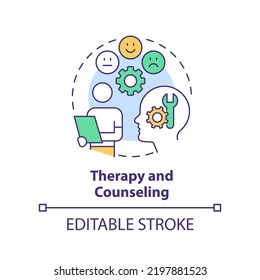 Therapy And Counseling Concept Icon. Help With Mental Illness Abstract Idea Thin Line Illustration. Emotional Wellness. Isolated Outline Drawing. Editable Stroke. Arial, Myriad Pro-Bold Fonts Used