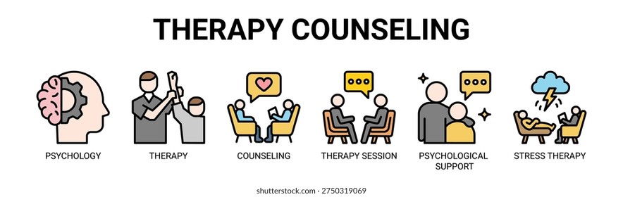 Therapy Counseling web banner icon vector illustration concept with icons of psychology, therapy, counseling, therapy session, psychological support, and stress therapy.