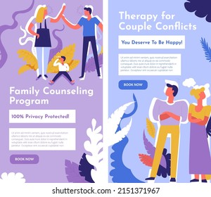 Therapy for couple conflicts, family counseling program, wife and husband with kid on session needing help of professional. Psychiatry and assistance in mental health. Website page vector in flat