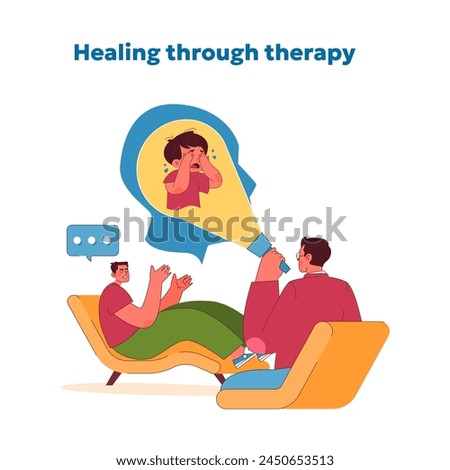 Therapy dialogue concept. Individual engages in psychotherapy, addressing childhood fears, shown in thought bubble. Step towards healing and emotional well-being. Vector illustration