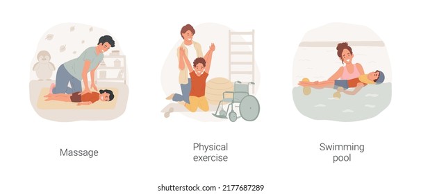 Therapy for disabled children in daycare isolated cartoon vector illustration set. Massage, physical exercise, swimming pool, inclusive kindergarten, motor disorder rehabilitation vector cartoon.