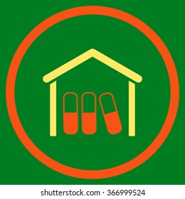 Therapy Garage vector icon. Style is bicolor flat circled symbol, orange and yellow colors, rounded angles, green background.