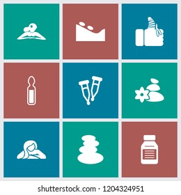 Therapy icon. collection of 9 therapy filled icons such as spa stones, woman in spa, spa stone, pipette, injured finger, medicine. editable therapy icons for web and mobile.