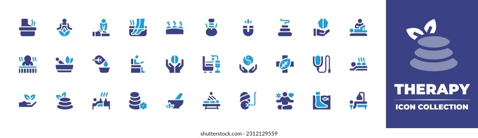 Therapy icon collection. Duotone color. Vector illustration. Containing therapy, healing, physical therapy, foot, lithotherapie, herbal massage, magnet, hot stones, brain, physiotherapy, ayurveda. svg