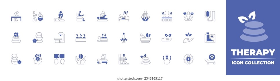 Therapy icon collection. Duotone style line stroke and bold. Vector illustration. Containing rehabilitation, pilates, physical, therapy, psychiatrist, physiotherapy, acupuncture, healing, and more.