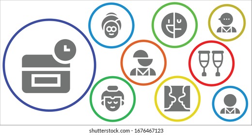 therapy icon set. 9 filled therapy icons.  Simple modern icons such as: Anti age, Spa, Mental disorder, Buddha, Psychology, Crutches, Psychologist