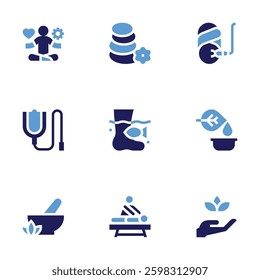 Therapy icon set. Bold style. Duotone colors. serum, cosmetics, hot stones, fish therapy, stress management, herbs, massage, therapy.