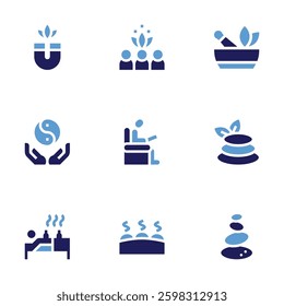 Therapy icon set. Bold style. Duotone colors. lithotherapie, acupuncture, group therapy, ayurveda, magnet, stones, psychiatrist, hot stones.