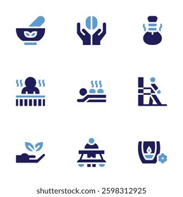 Therapy icon set. Bold style. Duotone colors. herbal massage, brain, hot stones, physiotherapy, herbal, rehabilitation, walker, candles.
