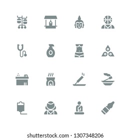 therapy icon set. Collection of 16 filled therapy icons included Vials, Buddha, Psychologist, Iv, Incense, Chakra, Human body, Lotion, Phonendoscope, Well, Iv pole
