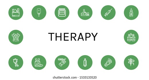 therapy icon set. Collection of Sauna, Intravenous saline drip, Hormones, Massage, Syringe, Serum, Intravenous therapy, Herbal, Diabetes, Reflexology, Needle, Incense burner icons