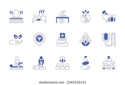 Therapy icon set. Duotone style line stroke and bold. Vector illustration. Containing physiotherapy, acupuncture, rehabilitation, therapy, remedy, herbal, placeholder, hot, stone, healing, serum.