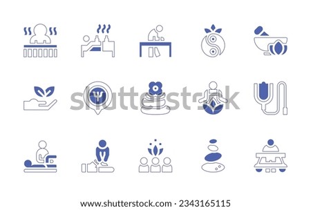 Therapy icon set. Duotone style line stroke and bold. Vector illustration. Containing physiotherapy, acupuncture, rehabilitation, therapy, remedy, herbal, placeholder, hot, stone, healing, serum.