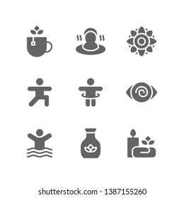Therapy icon set including herbal tea, sauna, mandala, yoga, hula hoop, hypnosis, physiotherapy, essential oil, spa, wellness