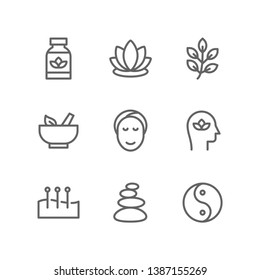 Therapy icon set including supplement, lotus, meditation, herb, medicine, herbal, relaxation, acupuncture, yin, yang, balance