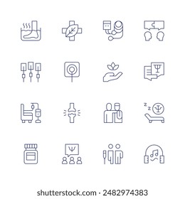 Conjunto de iconos de terapia. Icono de línea fina. Trazo editable. Conteniendo acupuntura, medicina alternativa, electrodo, pie, magnetoterapia, terapia.