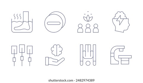 Therapy icons. Editable stroke. Containing acupuncture, brain, foot, grouptherapy, hormonetherapy, inversiontherapy, radiotherapy, therapy.