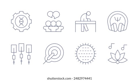 Therapy icons. Editable stroke. Containing acupuncture, electrode, genetherapy, grouptherapy, massageball, rehabilitation, therapy.
