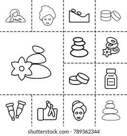 Therapy icons. set of 13 editable outline therapy icons such as spa stones, spa stone, tablet, pipette, injured finger