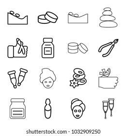 Therapy icons. set of 16 editable outline therapy icons such as woman in spa, spa stone, tablet, pipette, medical ampoule, injured finger
