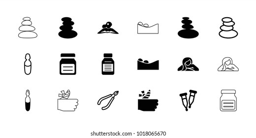 Therapy icons. set of 18 editable filled and outline therapy icons: spa stones, woman in spa, pipette, medical ampoule, medicine, spa stone