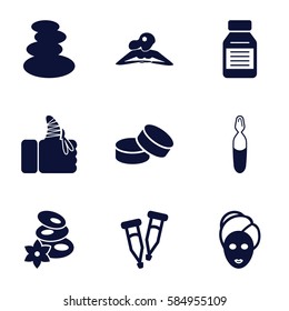 therapy icons set. Set of 9 therapy filled icons such as spa stones, woman in spa, spa mask, tablet, pipette, medical ampoule, injured finger