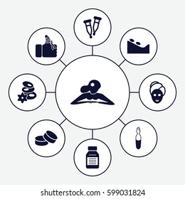 therapy icons set. Set of 9 therapy filled icons such as woman in spa, spa stone, tablet, pipette, medical ampoule, injured finger