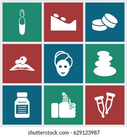 Therapy icons set. set of 9 therapy filled icons such as spa stones, woman in spa, tablet, pipette, medical ampoule, injured finger