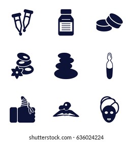 Therapy icons set. set of 9 therapy filled icons such as spa stones, woman in spa, spa mask, tablet, pipette, medical ampoule, injured finger