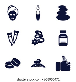 Therapy icons set. set of 9 therapy filled icons such as spa stones, woman in spa, spa mask, tablet, pipette, medical ampoule, injured finger