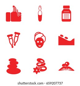 Therapy icons set. set of 9 therapy filled icons such as spa stones, woman in spa, pipette, medical ampoule, injured finger