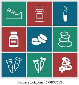 Therapy icons set. set of 9 therapy filled and outline icons such as spa stones, tablet, pipette, medical ampoule, medicine