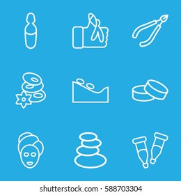 therapy icons set. Set of 9 therapy outline icons such as spa stones, woman in spa, tablet, pipette, medical ampoule