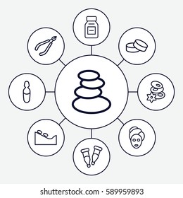 therapy icons set. Set of 9 therapy outline icons such as spa stones, woman in spa, tablet, pipette, medical ampoule