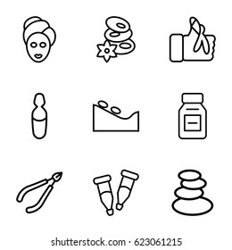 Therapy icons set. set of 9 therapy outline icons such as spa stones, woman in spa, pipette, medical ampoule, injured finger