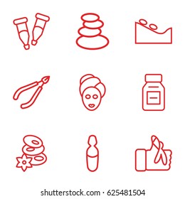 Therapy icons set. set of 9 therapy outline icons such as spa stones, woman in spa, pipette, medical ampoule, injured finger