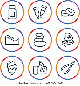 Therapy icons set. set of 9 therapy outline icons such as spa stones, woman in spa, tablet, pipette, injured finger