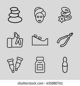 Therapy icons set. set of 9 therapy outline icons such as spa stones, woman in spa, pipette, medical ampoule, injured finger