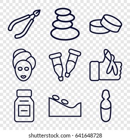 Therapy icons set. set of 9 therapy outline icons such as spa stones, woman in spa, tablet, pipette, medical ampoule, injured finger
