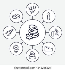 Therapy icons set. set of 9 therapy outline icons such as spa stones, woman in spa, tablet, pipette, medical ampoule