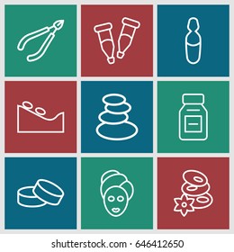 Therapy icons set. set of 9 therapy outline icons such as spa stones, woman in spa, tablet, pipette, medical ampoule