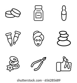 Therapy icons set. set of 9 therapy outline icons such as spa stones, woman in spa, spa mask, tablet, pipette, medical ampoule, injured finger