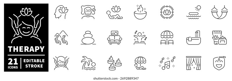 Conjunto de iconos de terapia. iconos de línea editables, estilo plano, símbolos de bienestar y relajación