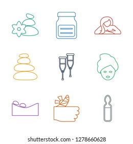 therapy icons. Trendy 9 therapy icons. Contain icons such as medical ampoule, injured finger, spa stone, spa mask, pipette, spa stones, woman in spa. therapy icon for web and mobile.