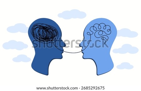 Therapy illustration. Communication helps transform messy thoughts into clarity. Two human heads connected by line, symbol of counseling, psychology, coaching and emotional support.
